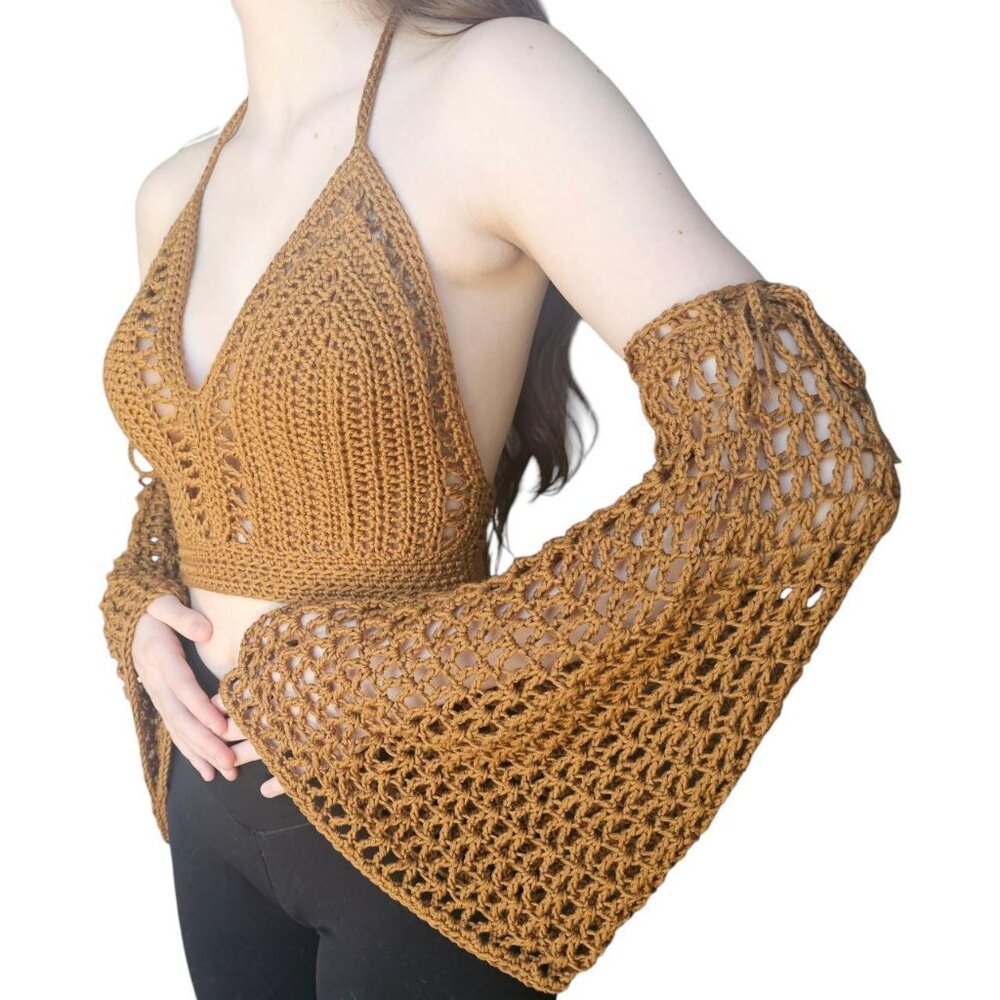 🧶 Handmade Crochet Halter‎ Top + Mesh Sleeves Set 🧶 - Picture 2 of 5